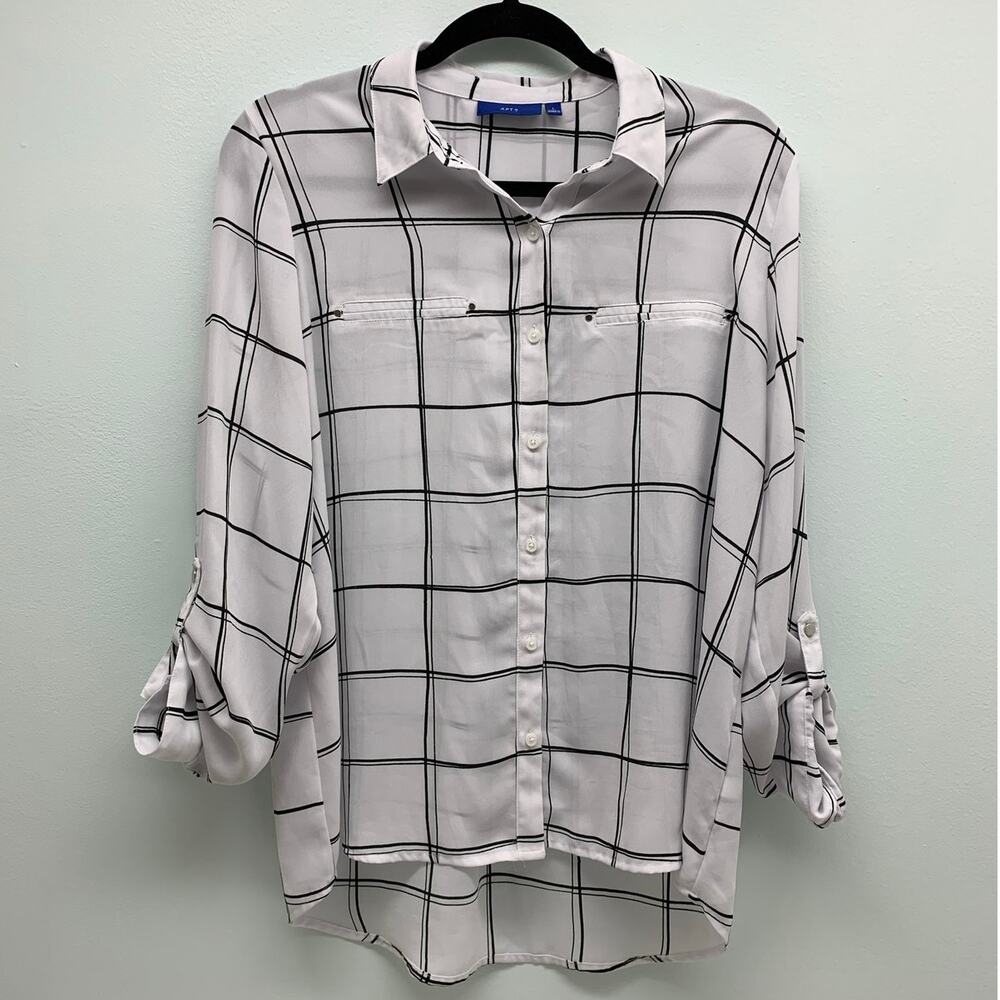 Apt. 9 Button Up Blouse Womens Large Black/White Check 3/4 Roll Sleeve Sheer